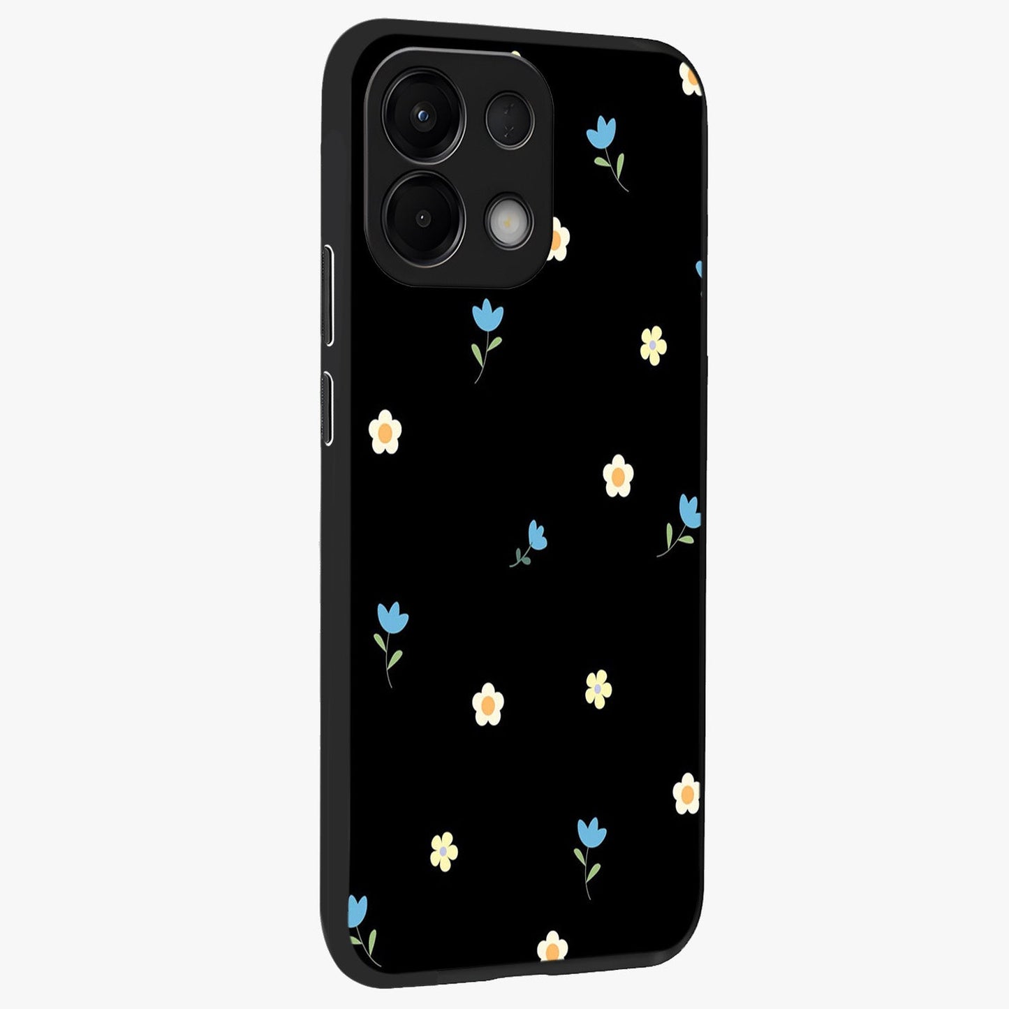 Minimal Petal Whispers Glass Case upright view showcasing elegant floral artwork with modern minimalist style.
