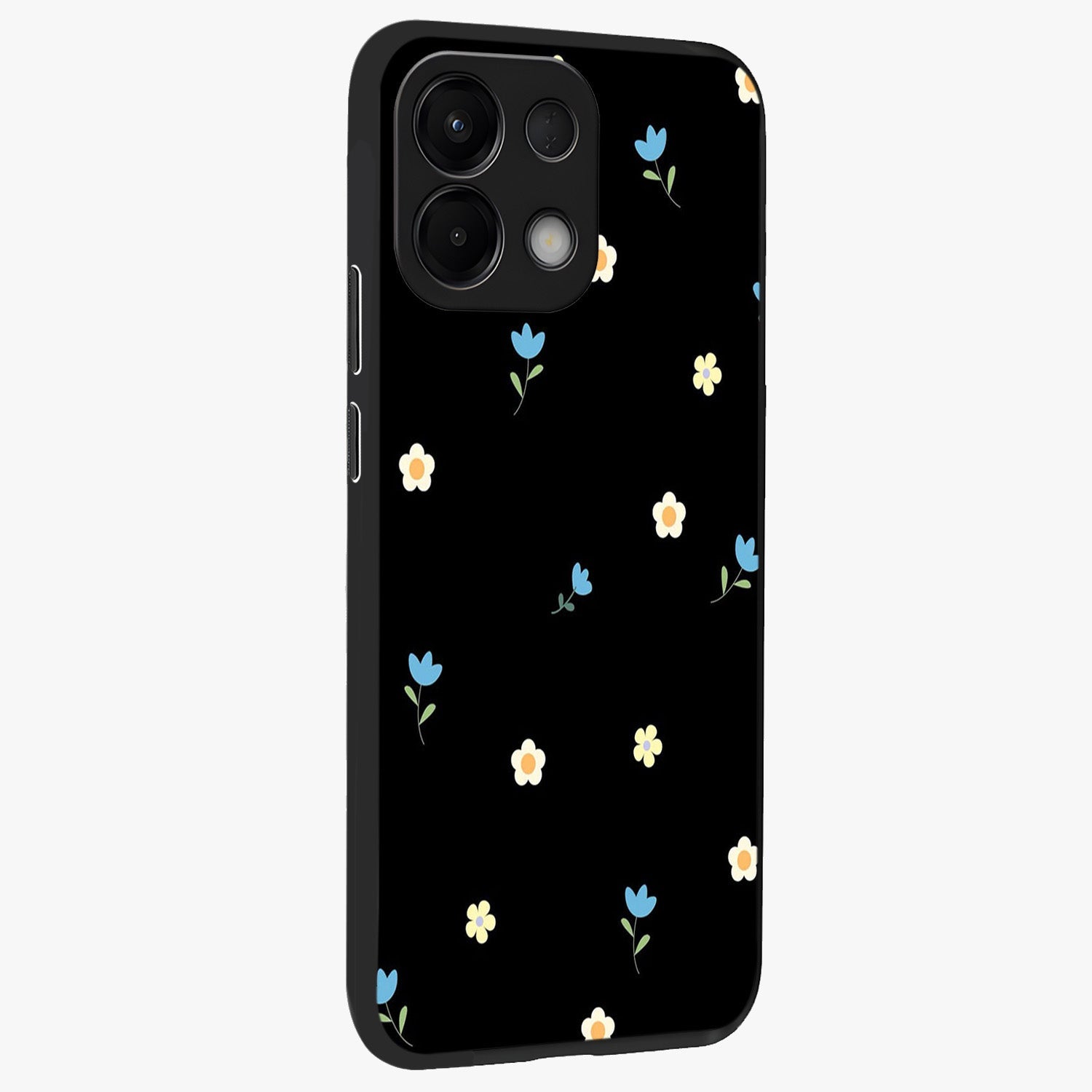 Minimal Petal Whispers Glass Case upright view showcasing elegant floral artwork with modern minimalist style.