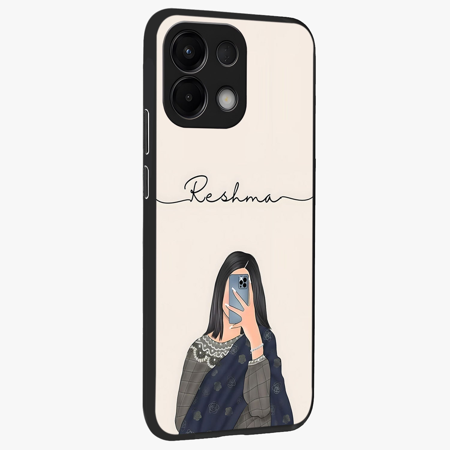 Mirror Mood Muse With Custom Name Glass Case upright view showcasing artistic mirror themed artwork with personalized aesthetic.