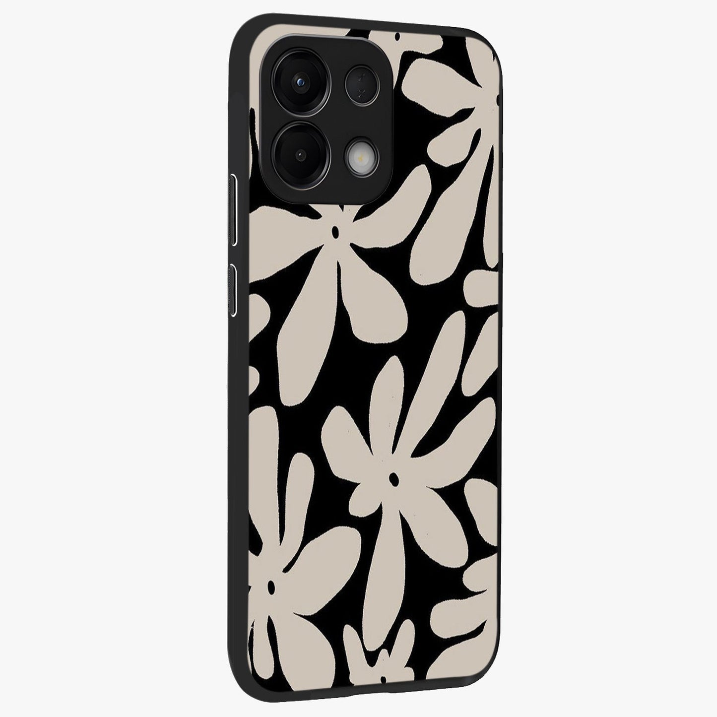 Monochrome Petal Dance Glass Case upright view showcasing artistic floral pattern with stylish monochrome theme.