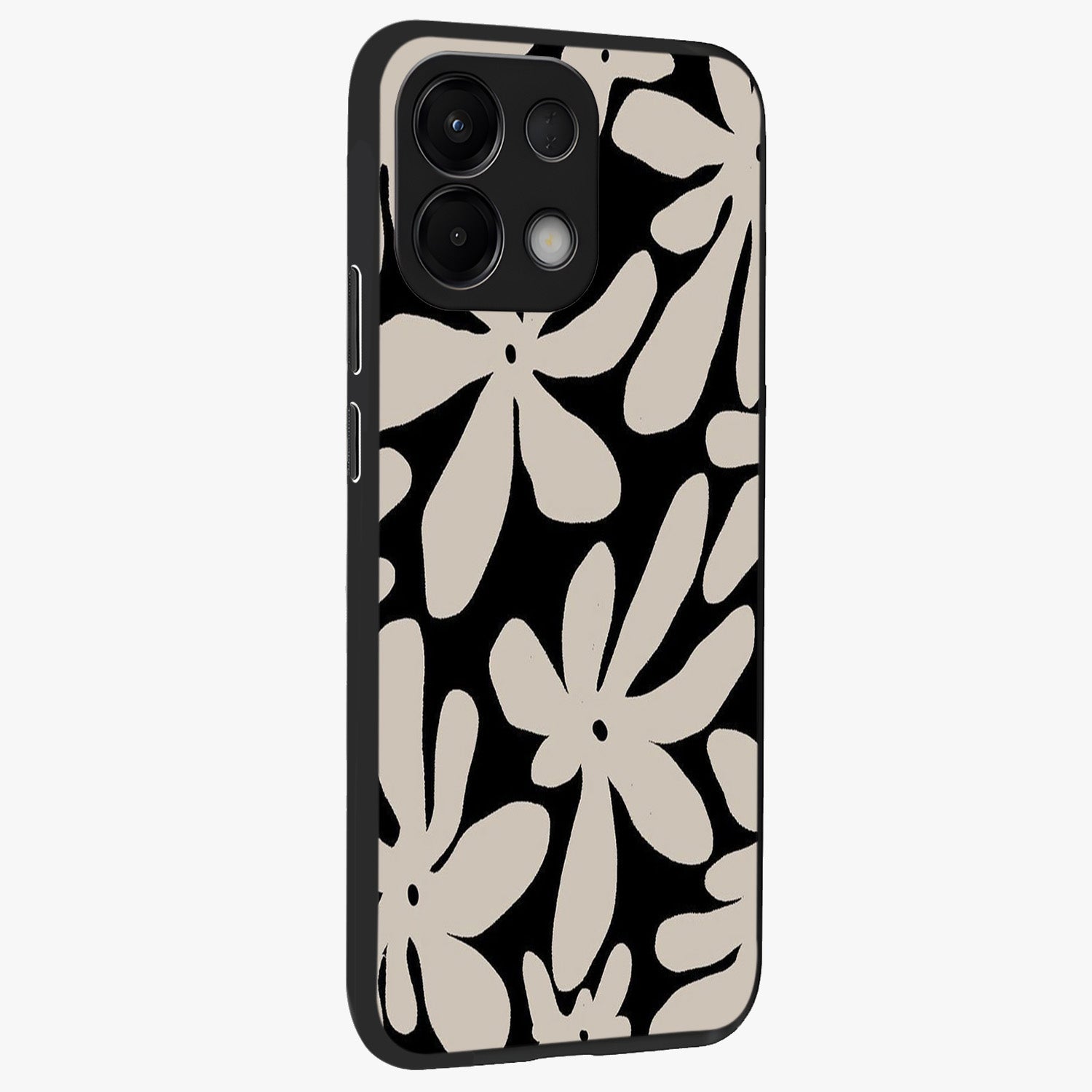 Monochrome Petal Dance Glass Case upright view showcasing artistic floral pattern with stylish monochrome theme.