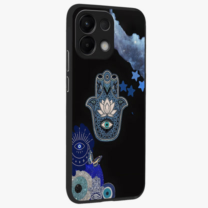 Mystic Hand Aura Glass Case upright view showcasing symbolic hand artwork with mystical energy theme.