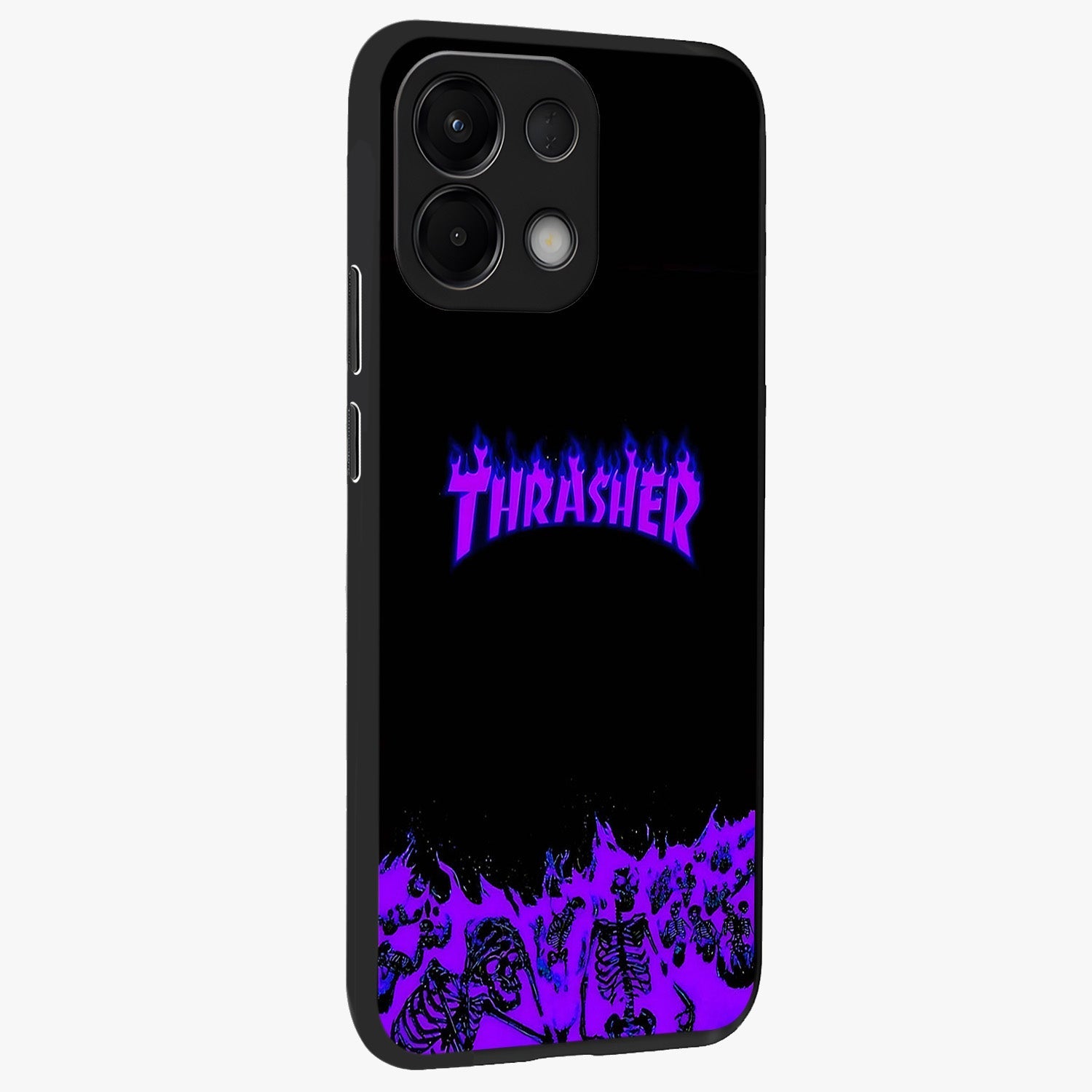 Neon Flame Riot Glass Case upright view showcasing dynamic flame artwork with energetic neon theme.