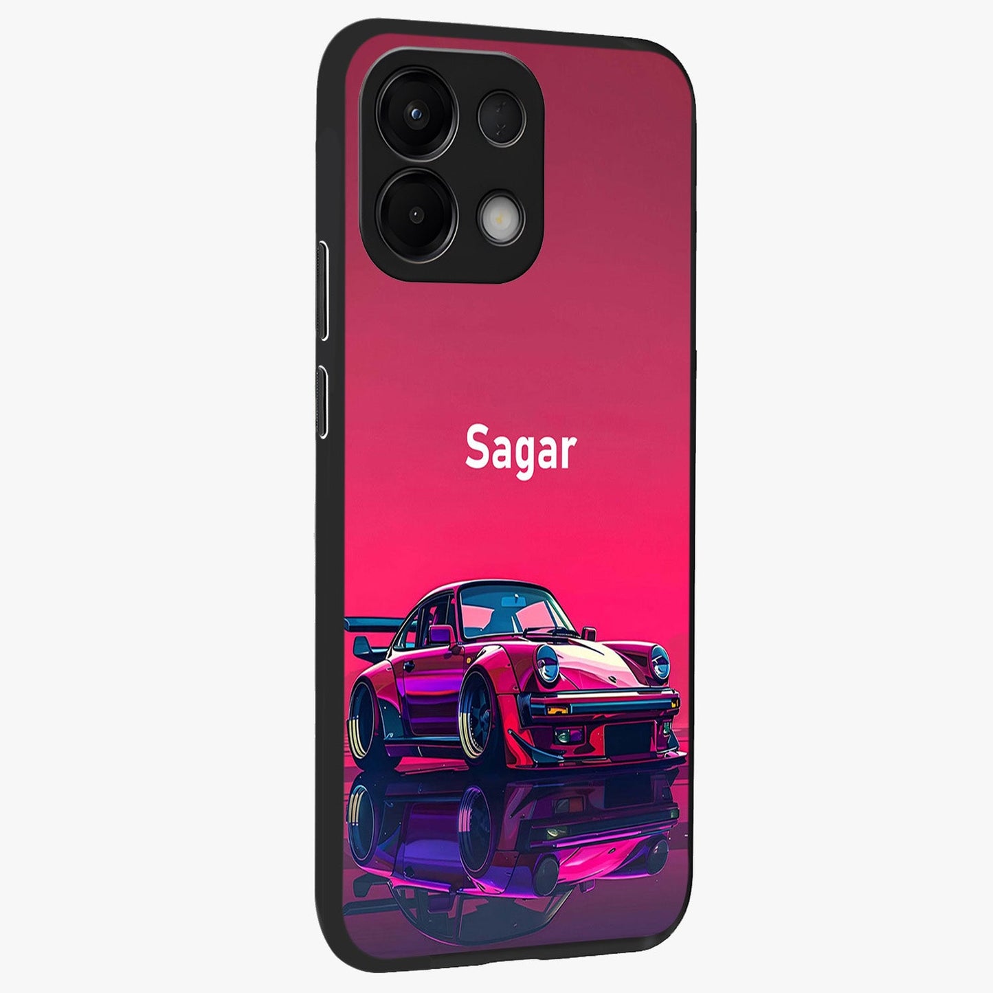 Neon Pink Porsche Glass Case upright view showcasing vibrant sports car artwork with bold automotive theme.