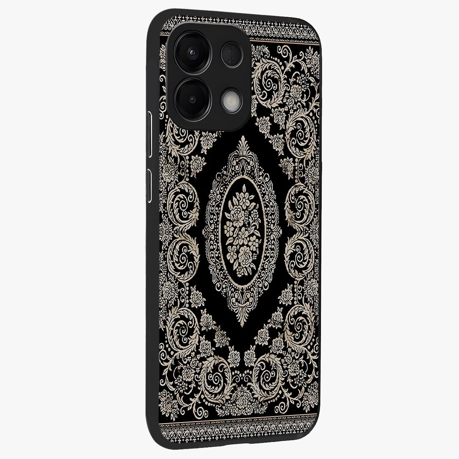 Noir Bloom Elegance Glass Case upright view showcasing graceful floral artwork with luxurious dark theme.