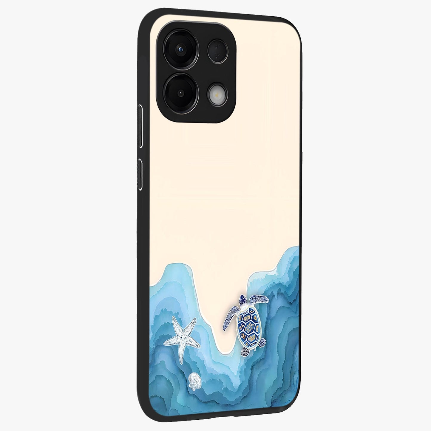 Ocean Drift Turtle Glass Case upright view showcasing calm underwater turtle artwork with nature inspired theme.