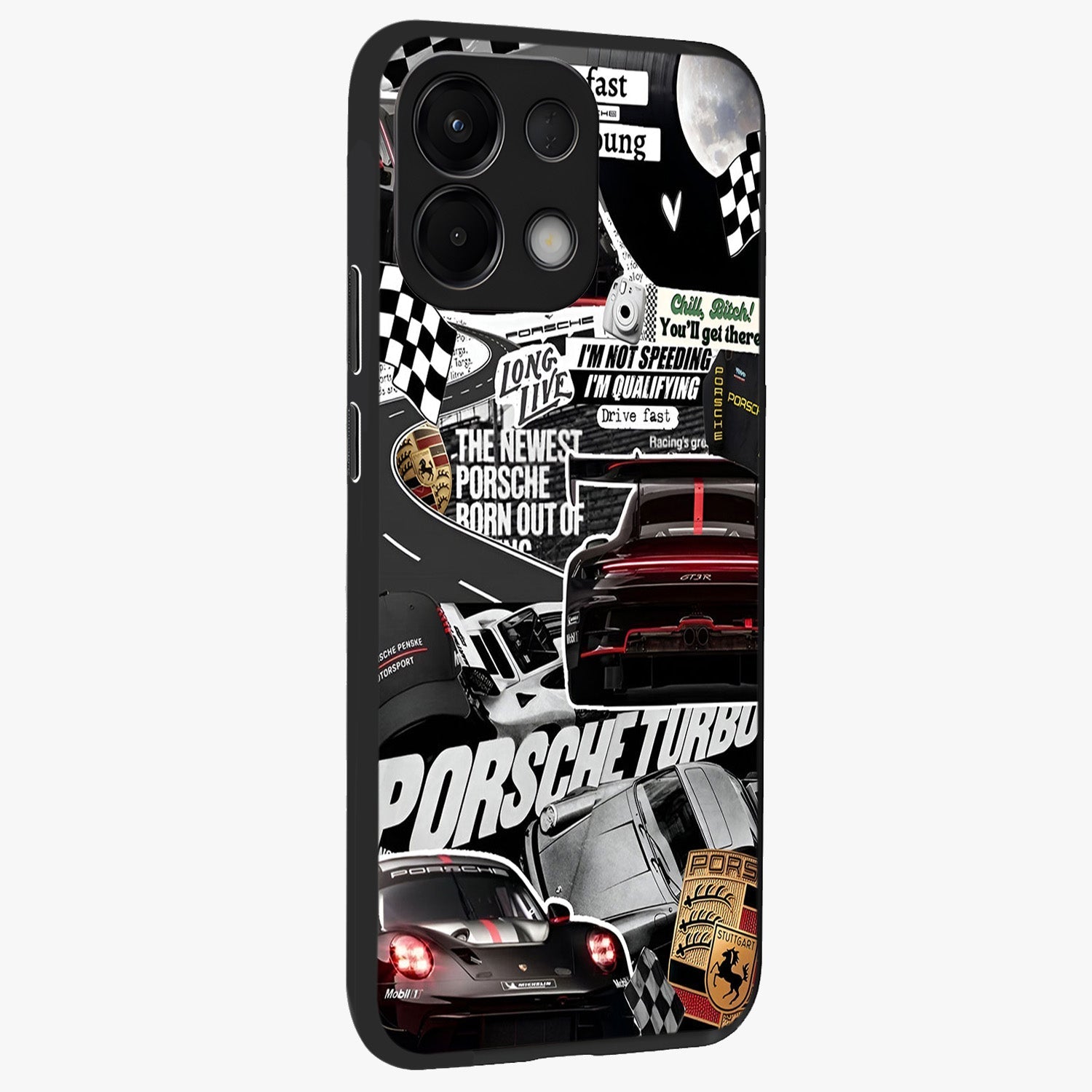 Porsche Racing Collage Glass Case upright view showcasing energetic car collage artwork with high speed racing theme.