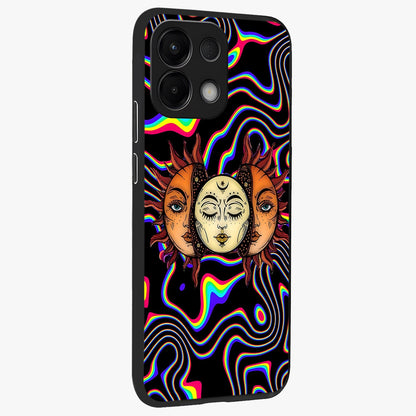 Psychedelic Sun Glass Case upright view showcasing trippy sun artwork with bold psychedelic theme.