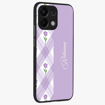 Purple Diamond Floral Glass Case upright view showcasing vibrant floral artwork with stylish geometric theme.