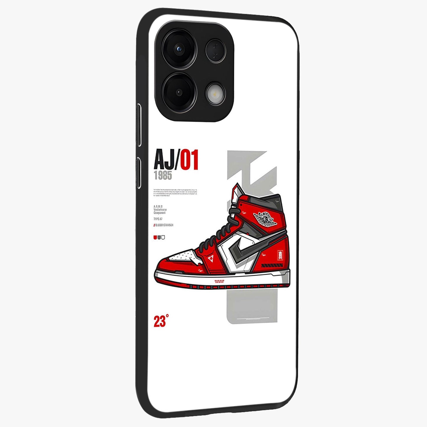 Retro Sneaker Blueprint Glass Case upright view showcasing stylish sneaker illustration with vintage streetwear theme.