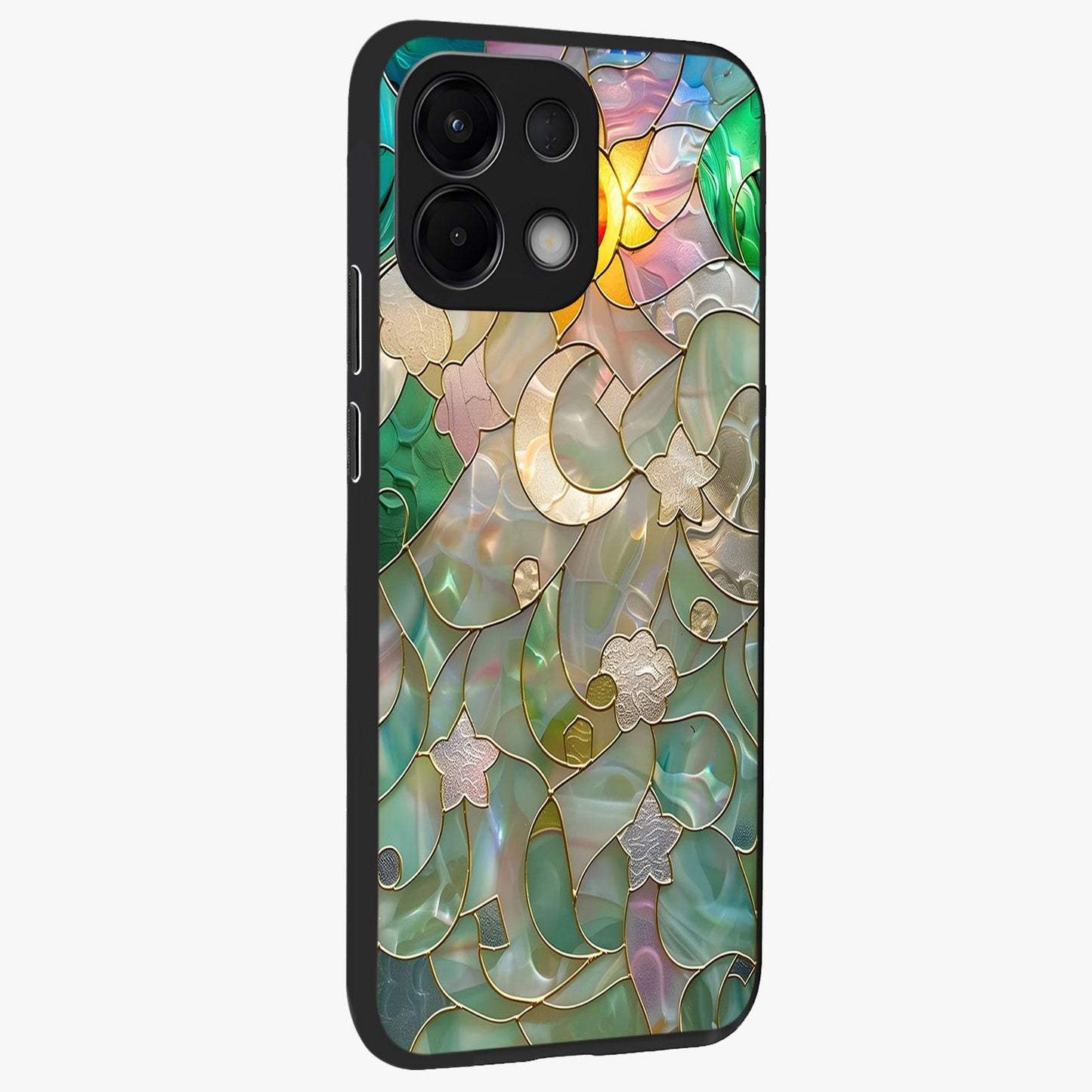 Stained Sunrise Glow Glass Case upright view showcasing colorful sunrise artwork with warm morning theme.