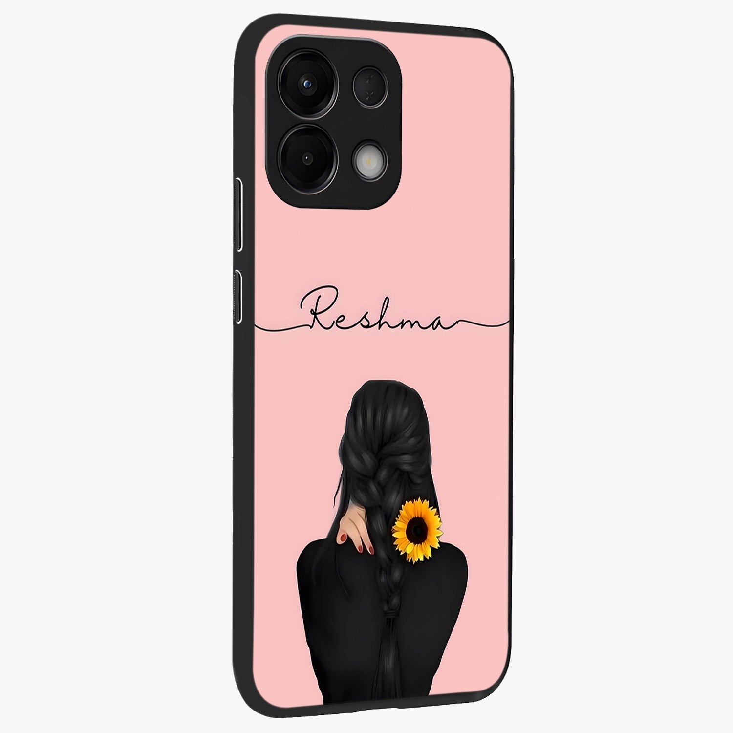 Sunflower Braid Beauty With Custom Name Glass Case upright view showcasing bright sunflower artwork with personalized floral aesthetic.