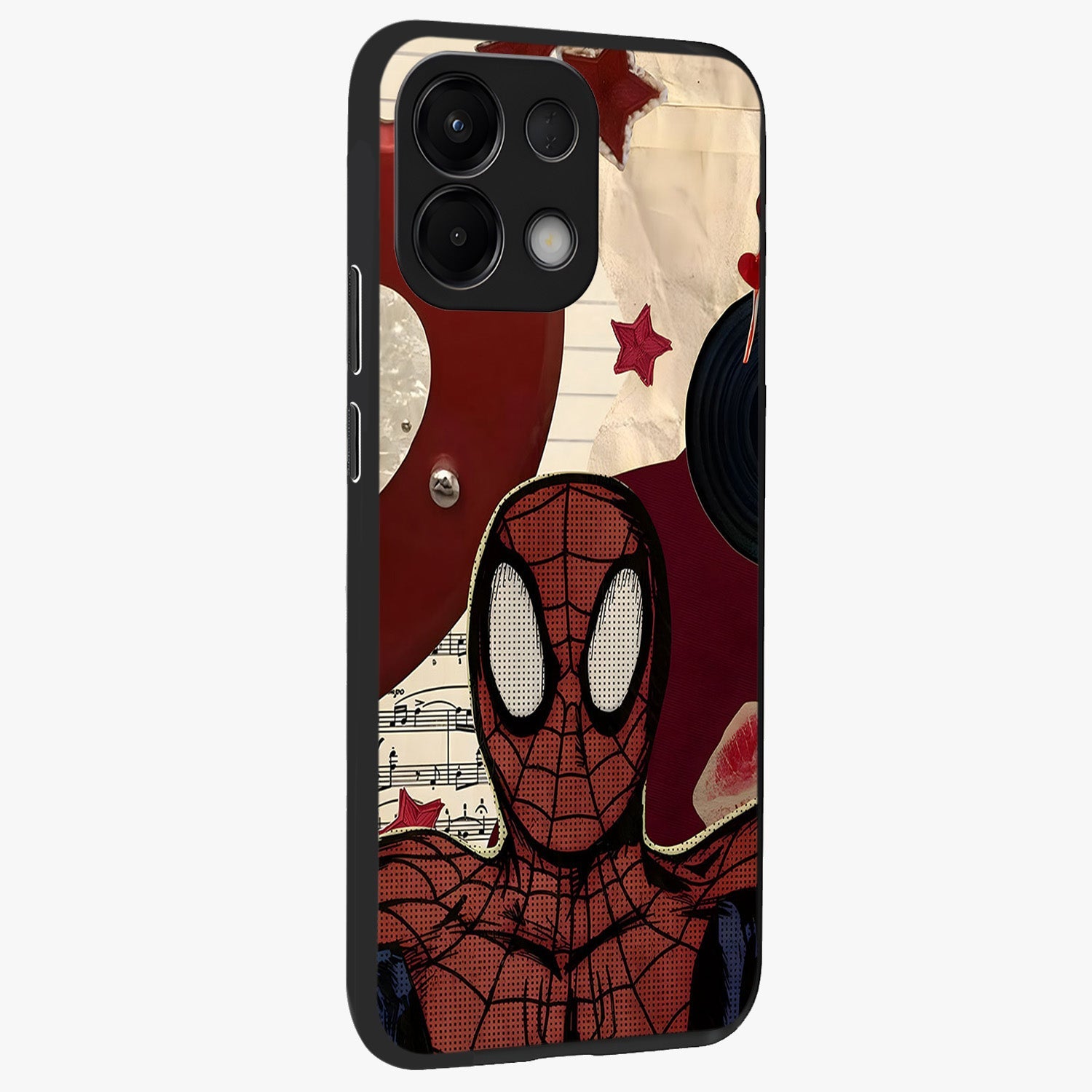 Web Warrior Vibes Glass Case upright view showcasing energetic superhero artwork with bold action theme.