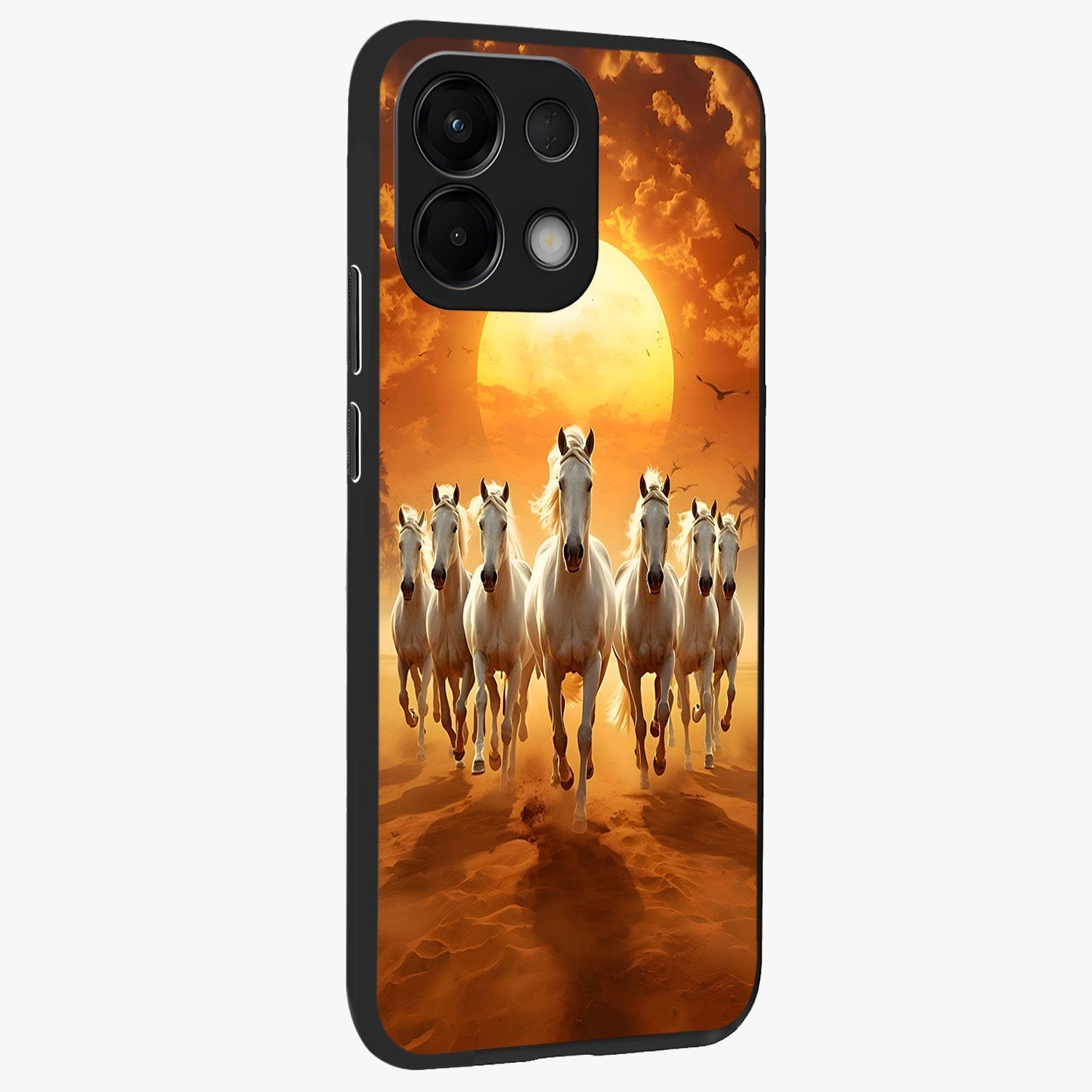 Wild Sunset Majesty Glass Case upright view showcasing dramatic sunset artwork with bold nature theme.