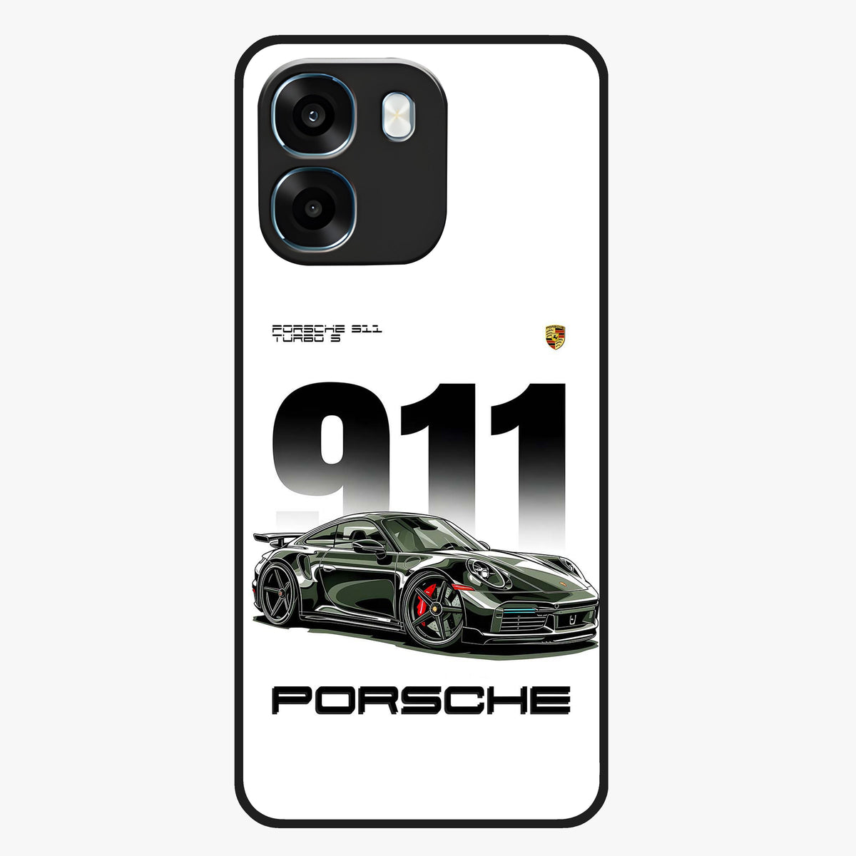 911 Turbo Dominance Glass Case showing clean flat back view with bold 911 sports car artwork and glossy glass finish.