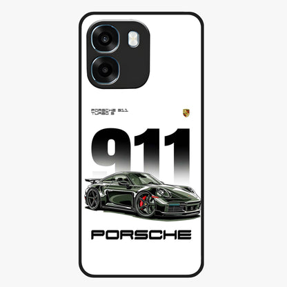 911 Turbo Dominance Glass Case showing clean flat back view with bold 911 sports car artwork and glossy glass finish.