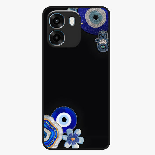 Aesthetic Blue Evil Eye Glass Case showing flat back view with protective evil eye artwork and glossy glass finish.