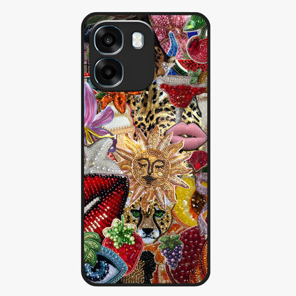 Beaded Fashion Jungle Glass Case showing flat back view with vibrant jungle inspired bead artwork and glossy glass finish.