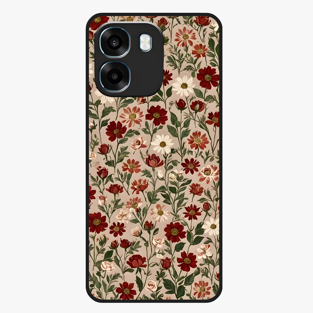 Biege Flower With Leaf Glass Case showing flat back view with soft beige floral artwork and glossy glass finish.