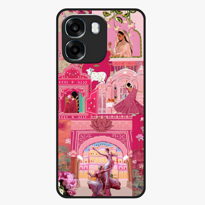 Blossoms of Rajasthan Glass Case showing flat back view with traditional floral artwork inspired by Rajasthan and glossy glass finish.