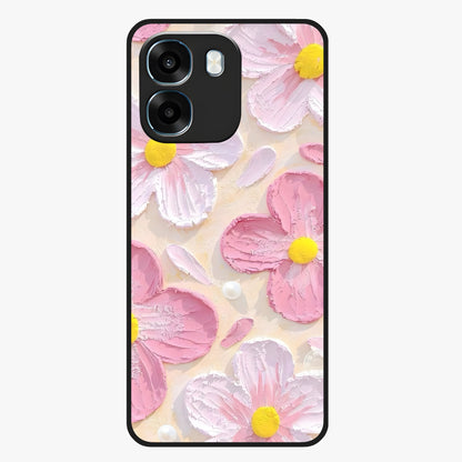Blush Bloom Texture Glass Case showing flat back view with soft blush floral texture artwork and glossy glass finish.