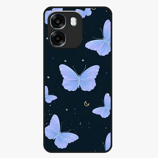 Butterfly With Stars Pattern Glass Case showing flat back view with butterfly and star pattern artwork and glossy glass finish.