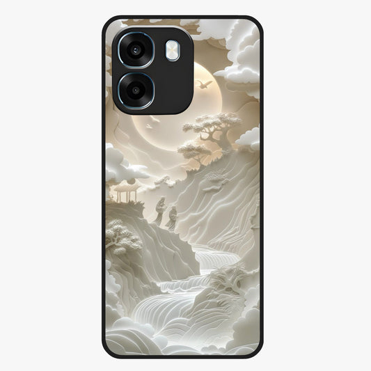 Celestial Origami Glass Case showing flat back view with artistic origami inspired celestial artwork and glossy glass finish.