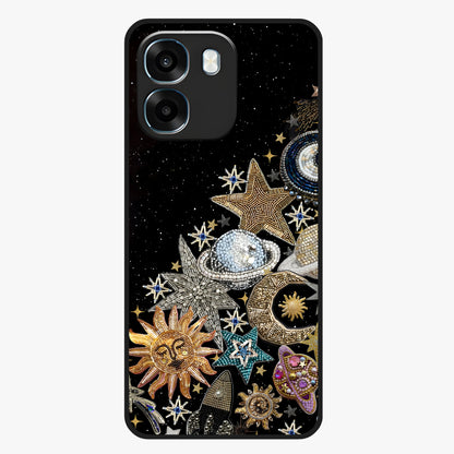 Cosmic Sparkle Dreams Glass Case showing flat back view with sparkling cosmic artwork and glossy glass finish.