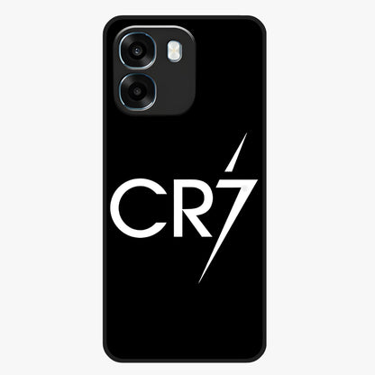 Cr7 Elite Strike Glass Case showing flat back view with dynamic football inspired artwork and glossy glass finish.