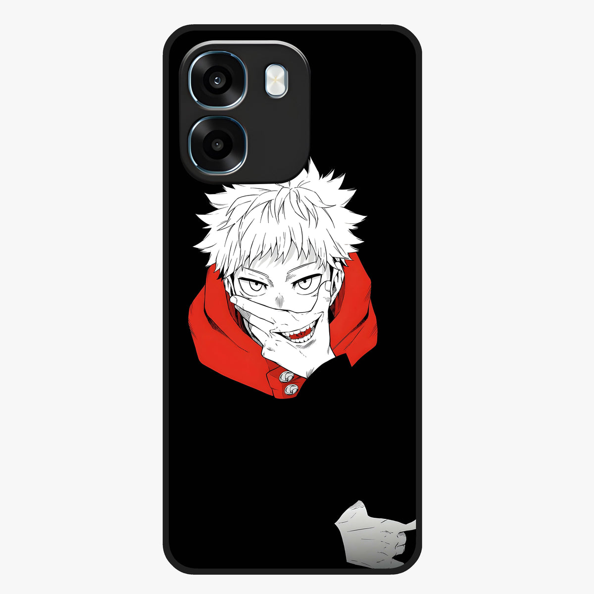 Crimson Chaos Smile Glass Case showing flat back view with bold chaotic smile artwork and glossy glass finish.
