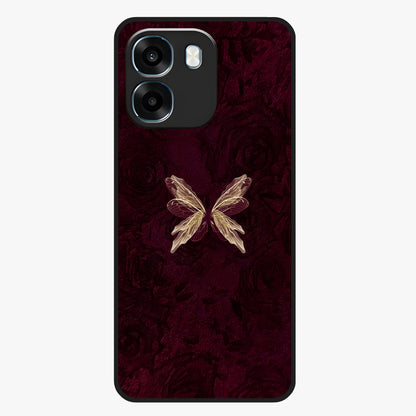 Crimson Fade Butterfly Glass Case showing flat back view with fading butterfly artwork and glossy glass finish.