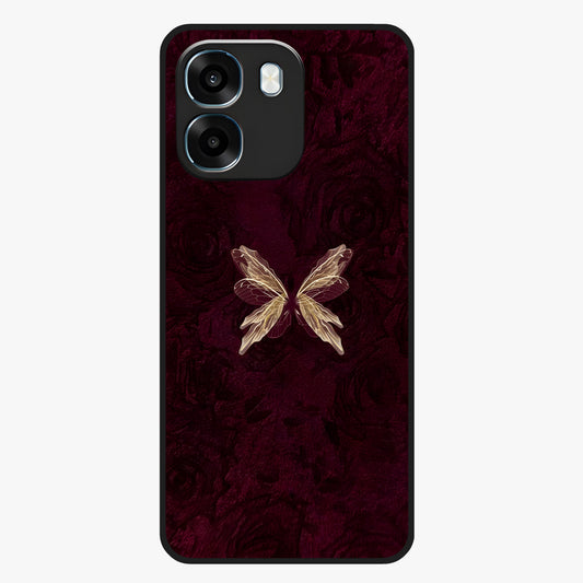 Crimson Fade Butterfly Glass Case showing flat back view with fading butterfly artwork and glossy glass finish.