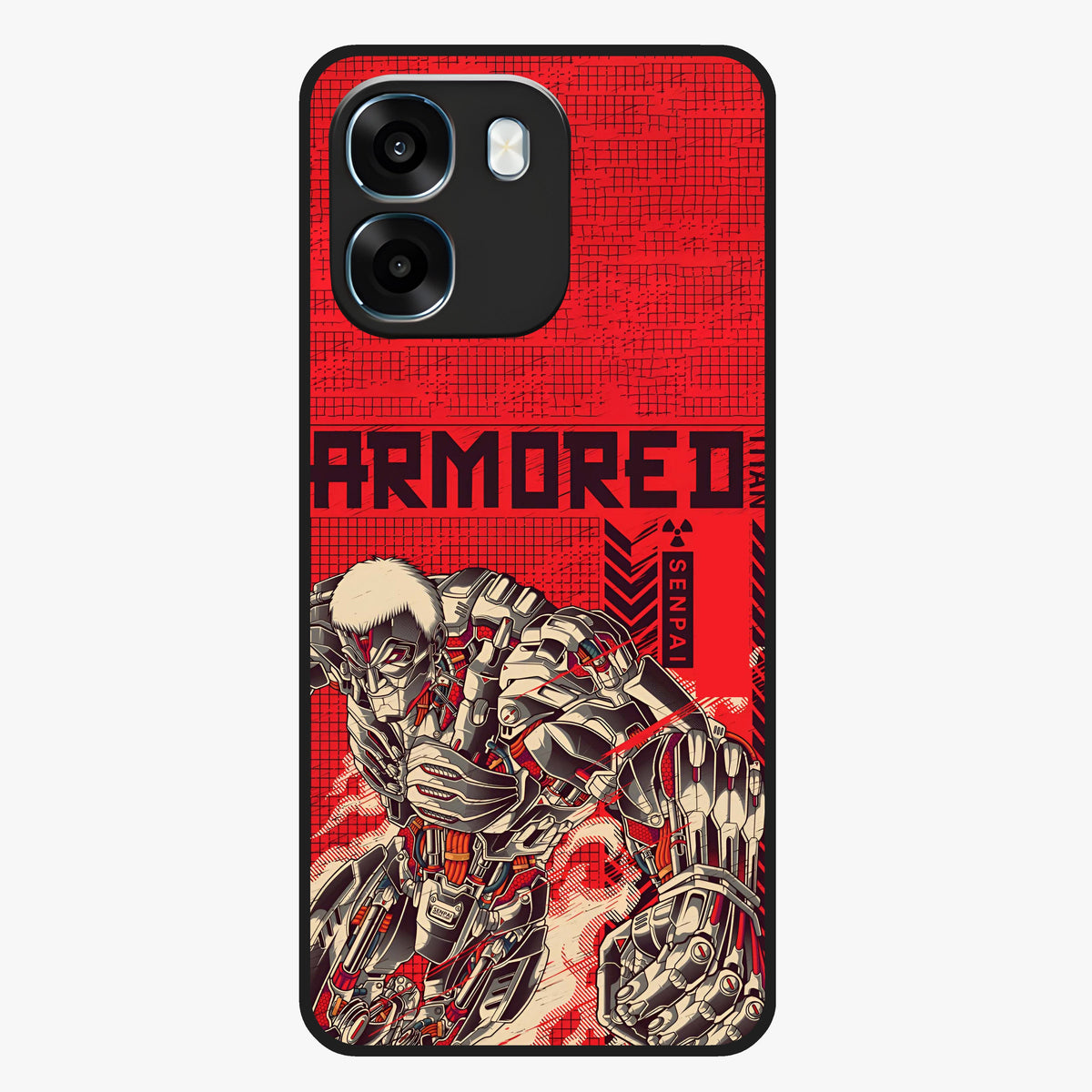 Crimson Mecha Titan Glass Case showing flat back view with powerful mech titan artwork and glossy glass finish.