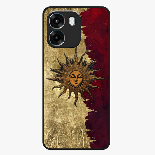 Crimson Sun Majesty Glass Case showing flat back view with radiant sun inspired artwork and glossy glass finish.