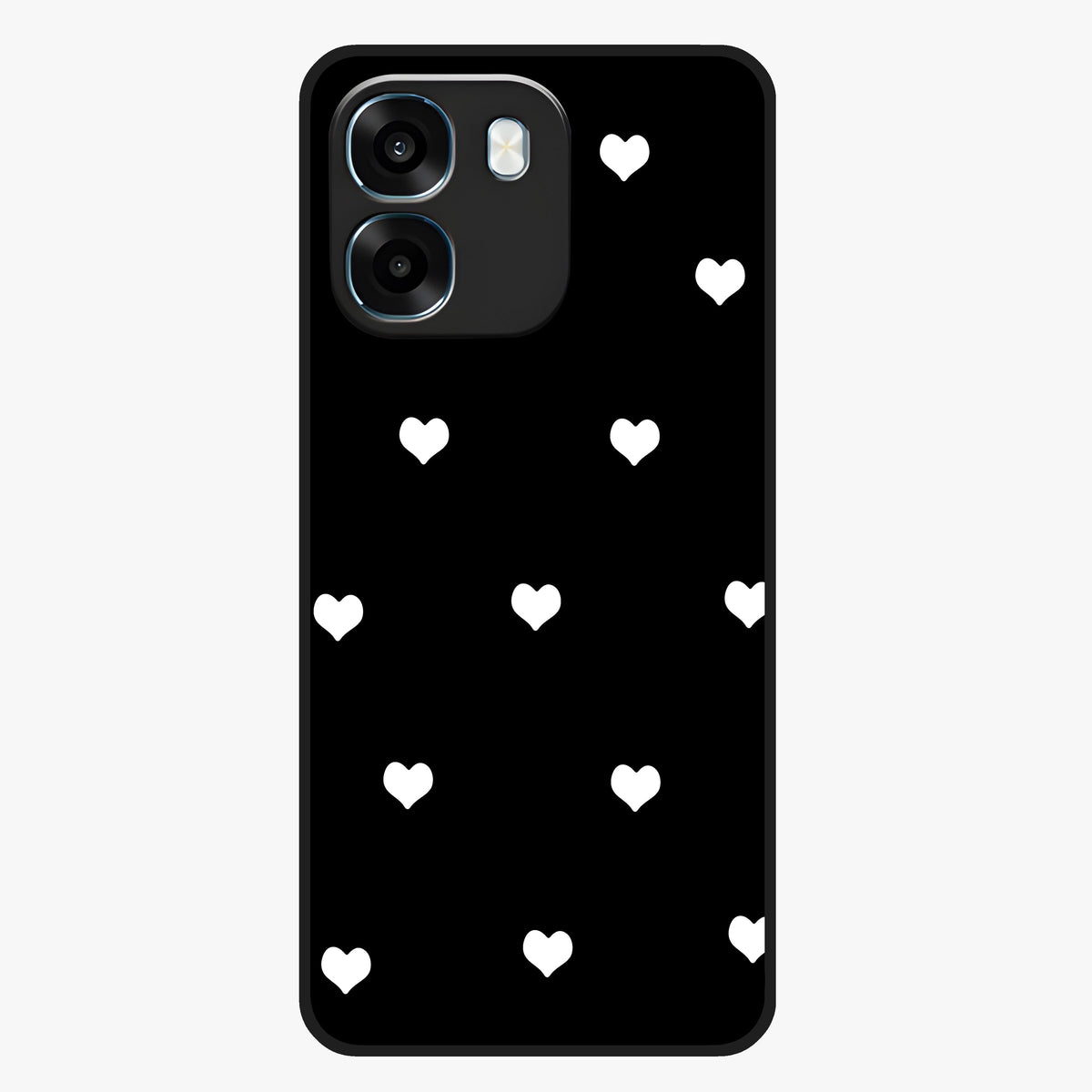 Cute And Simple White Hearts Glass Case showing flat back view with minimal white heart pattern and glossy glass finish.