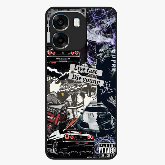 Die Young Glass Case showing flat back view with bold artistic typography design and glossy glass finish.