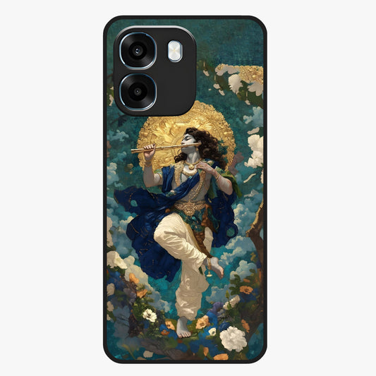 Divine Krishna Art Glass Case showing flat back view with Lord Krishna artwork and glossy glass finish.