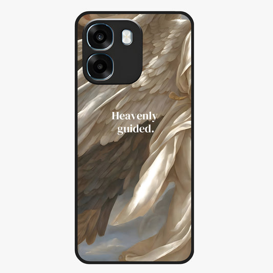 Divine Winged Grace Glass Case showing flat back view with elegant wing inspired artwork and glossy glass finish.