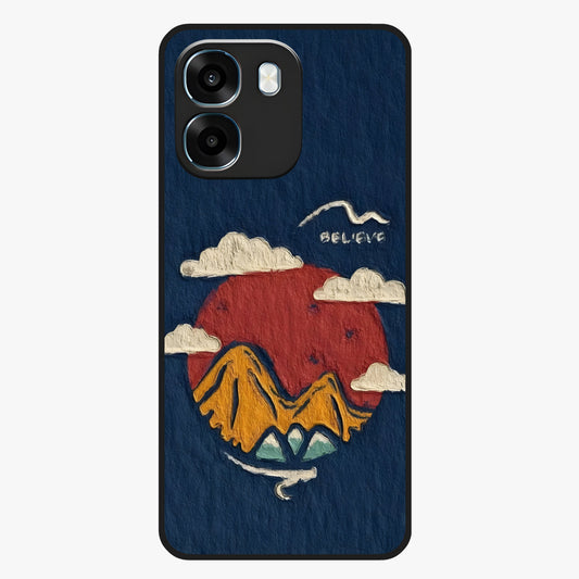 Dream Beyond Mountains Glass Case showing flat back view with scenic mountain landscape artwork and glossy glass finish.