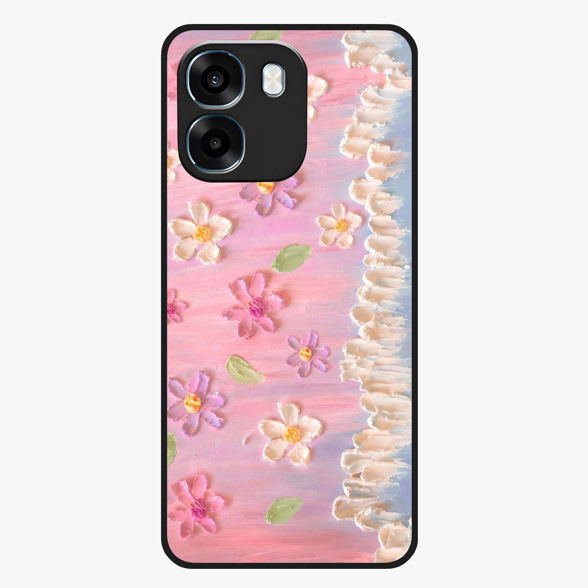 Dreamy Painted Garden Glass Case showing flat back view with artistic painted floral garden artwork and glossy glass finish.