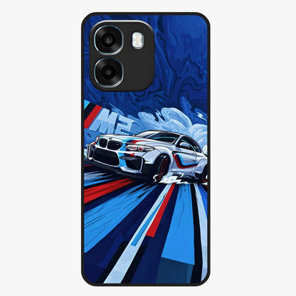 Drift Power Rush Glass Case showing flat back view with dynamic racing inspired artwork and glossy glass finish.