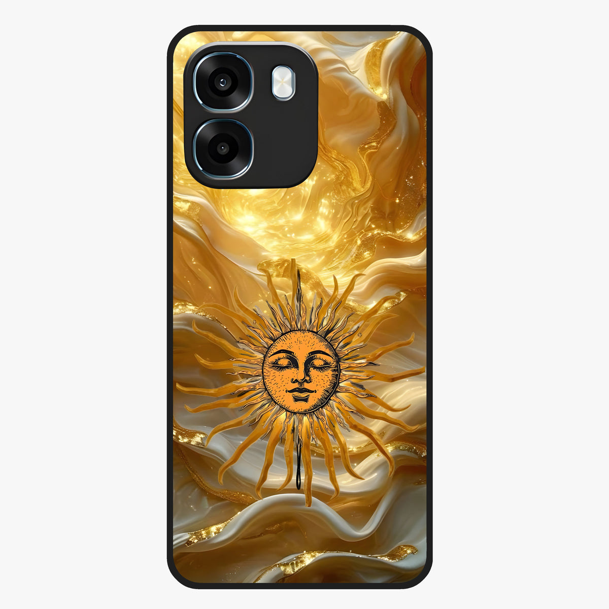 Eternal Golden Glow Glass Case showing flat back view with radiant golden themed artwork and glossy glass finish.