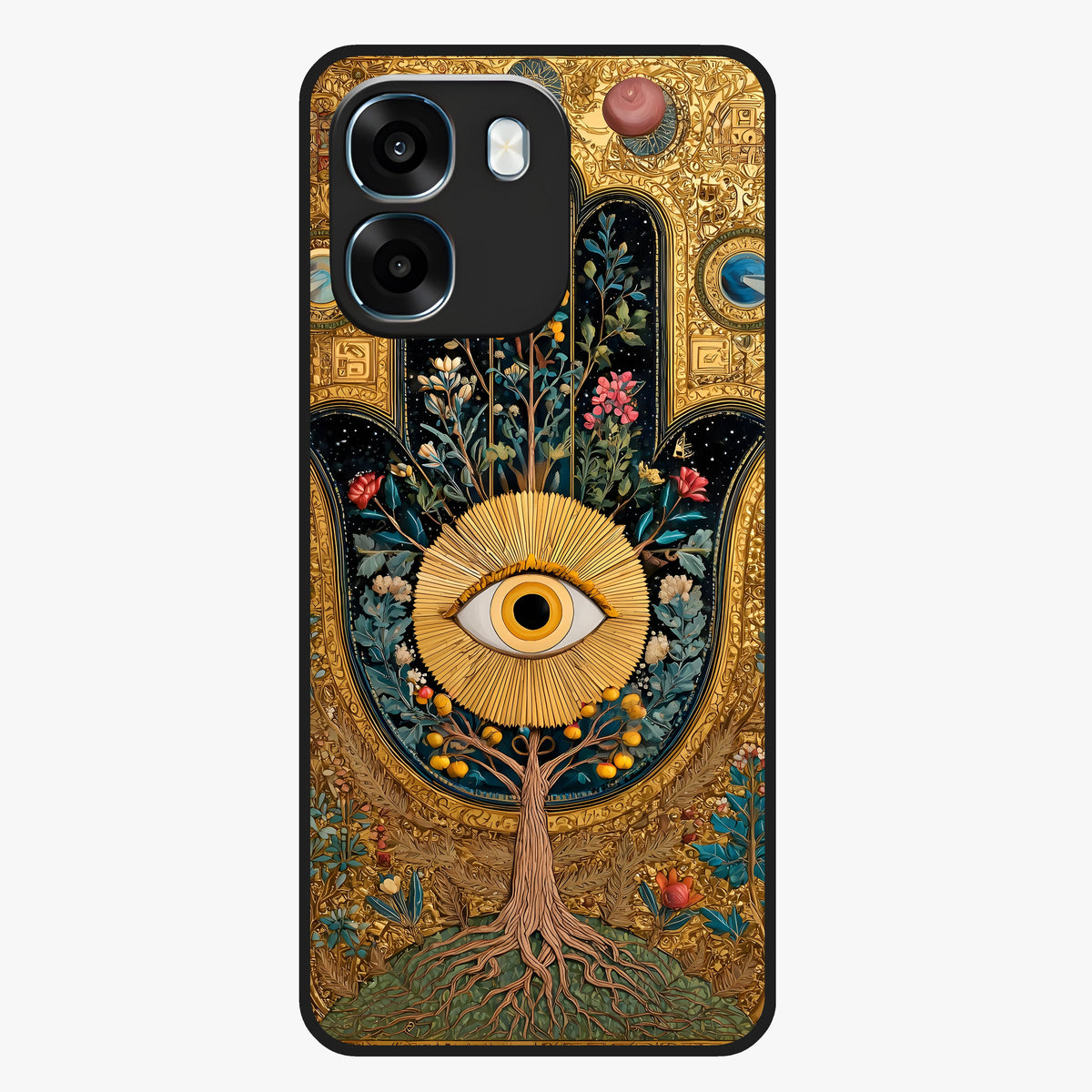 Ethereal Evil Eye Glass Case showing flat back view with mystical evil eye artwork and glossy glass finish.