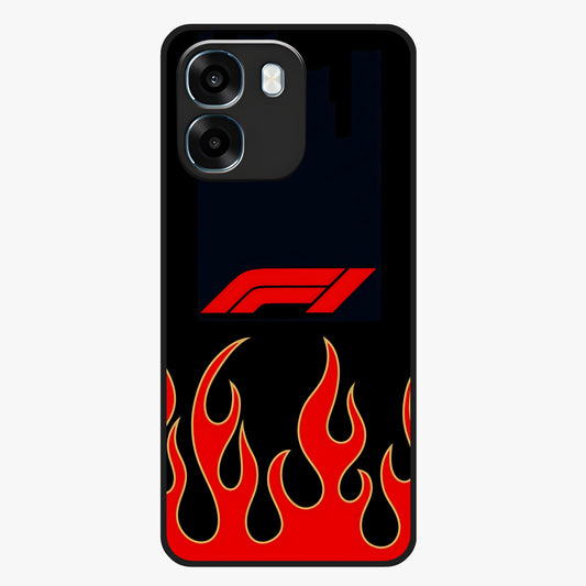Fire F11 Glass Case showing flat back view with fiery themed artwork and glossy glass finish.