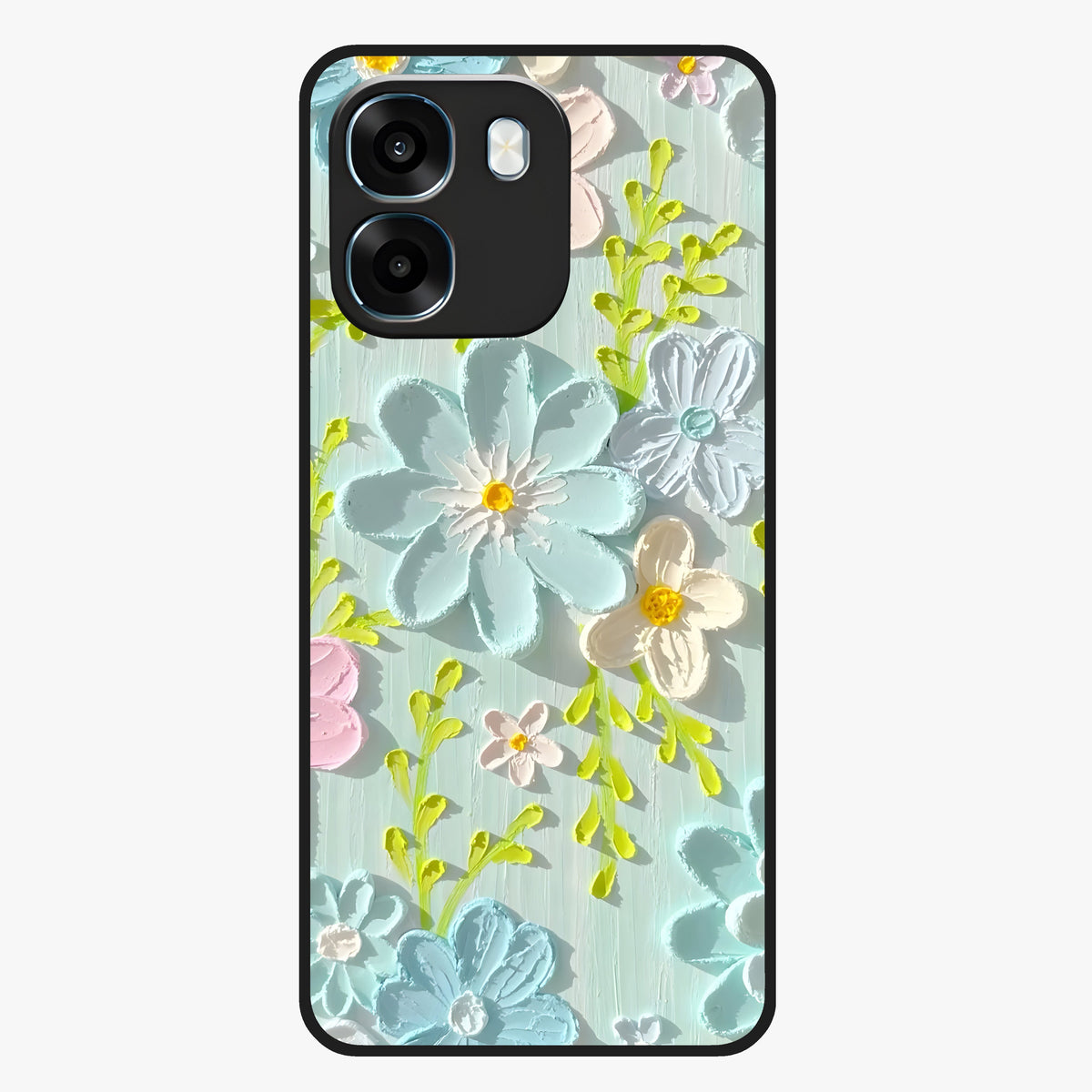 Frosted Petal Garden Glass Case showing flat back view with soft frosted floral artwork and glossy glass finish.