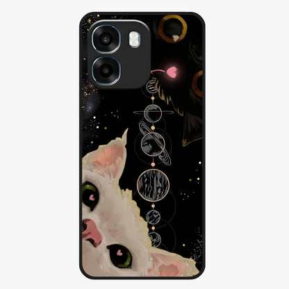 Galactic Cat Glass Case showing flat back view with cosmic cat artwork and glossy glass finish.