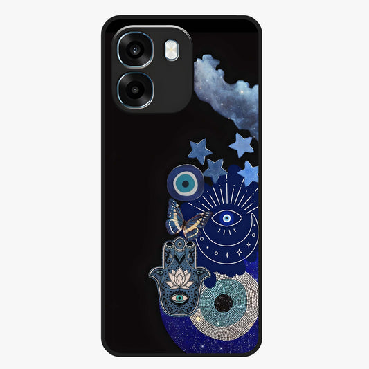 Galactic Charm Cluster Glass Case showing flat back view with glowing celestial charm artwork and glossy glass finish.