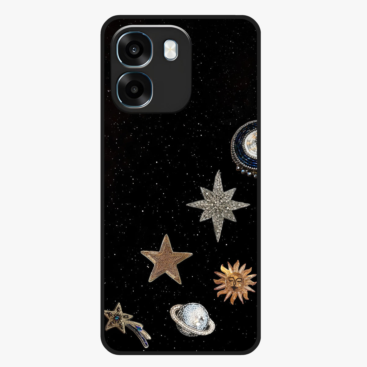Galactic Charm Glow Glass Case showing flat back view with glowing celestial charm artwork and glossy glass finish.