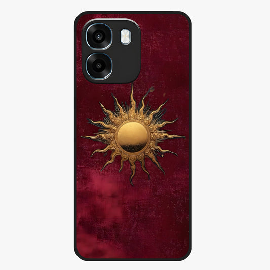 Gold Sun Blush Glass Case showing flat back view with golden sun inspired artwork and glossy glass finish.