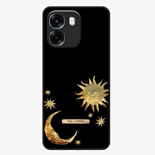 Golden Celestial Charm Glass Case showing flat back view with golden celestial charm artwork and glossy glass finish.
